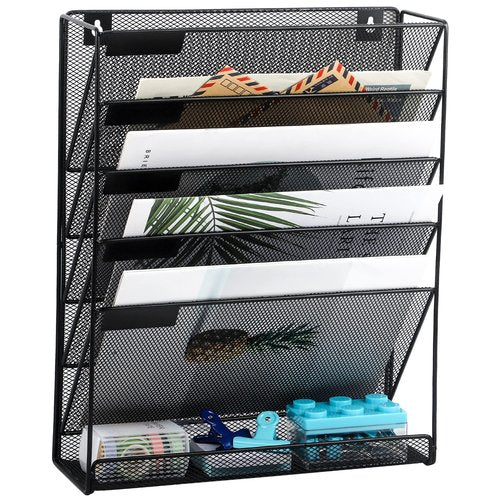 EASEPRES Desk File Organizer Mesh 6-Tier, Hanging Wall Mount Document Organization Stand, Desktop Vertical Mail Paper Folder Holder Rack with Bottom Tray for Office Home Cubicle Countertop, Black