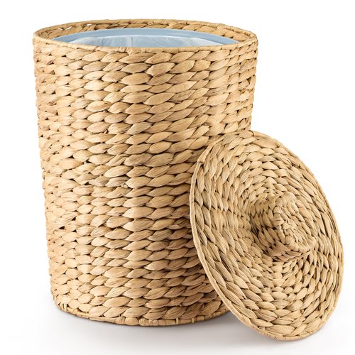 Tidita 4 Gallons Wicker Waste Basket - Water Hyacinth Bathroom Garbage Can with a Lid - Bathroom Trash Can Boho Style - Wicker Trash Can with Lid for Household, Kitchen - Removable Liner, Iron Frame