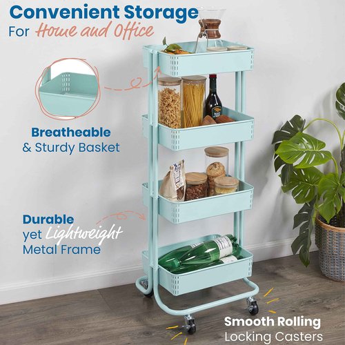ECR4Kids 4-Tier Metal Rolling Utility Cart, Multipurpose Storage, Teal