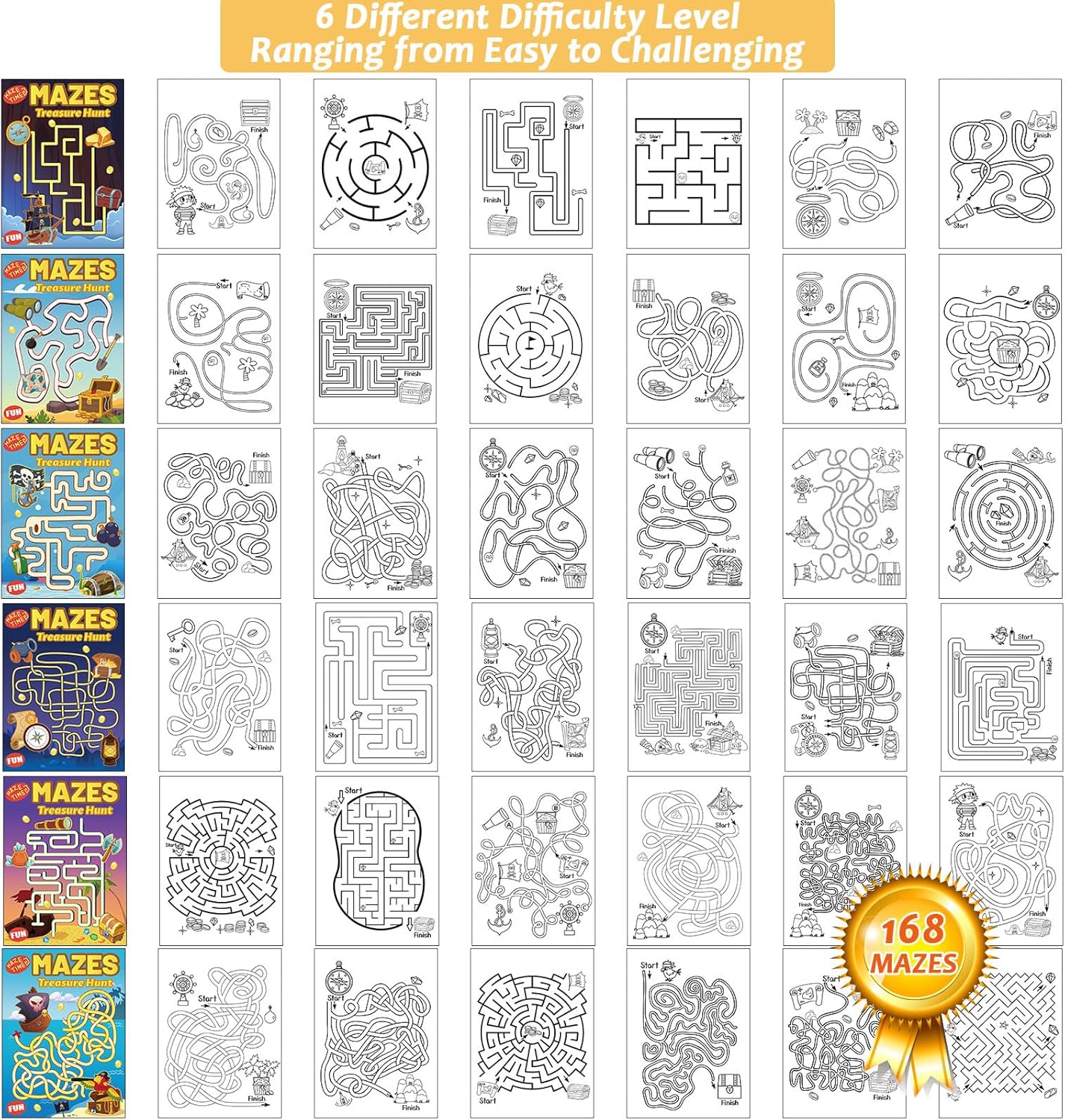 Wiooffen Treasure Hunt Maze Books - 6 Beginner Level Activity Books for Fun Games | 168 Pages