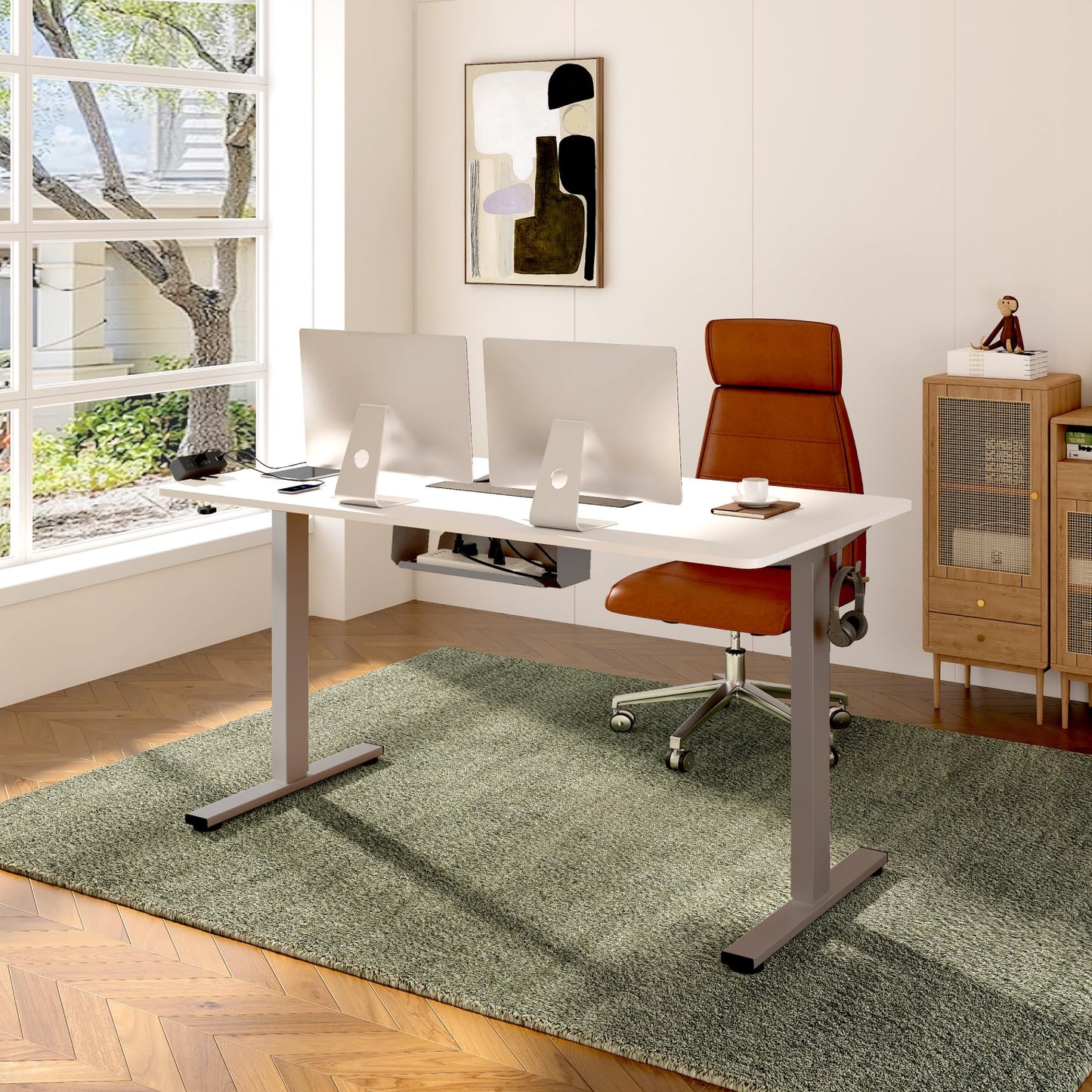 FLEXISPOT EN2 Whole-Piece Standing Desk with Clamp Power Strip, 60 x 24 Electric Stand Up Height Adjustable Desk with Cable Management (Gray Frame + 60" White Top, 2 Packages)