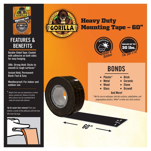 Gorilla - Heavy Duty Double Sided Mounting Tape; Weatherproof; 1" x 60"; Black; (Pack of 2)