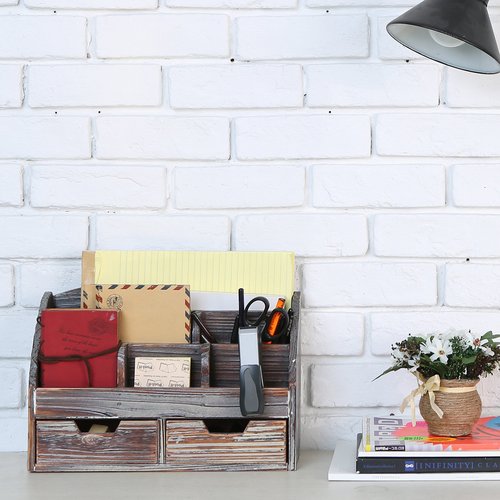 MyGift Torched Wood Desktop Organizer - Includes 6 Compartments and 2 Pullout Drawers to Organize Office Supplies and Accessories