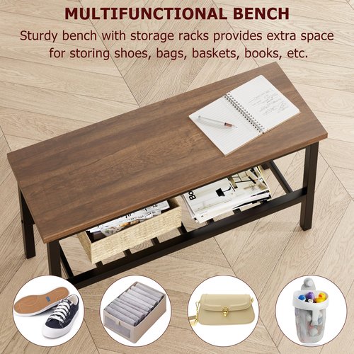 GarveeHome Dining Table Set for 4 with Bench, Kitchen Table Set with Bench, Dining Room Table Set with Storage Racks, Table and Chairs Set for Small Apartment, Kitchen, Dinette Table Set, Brown