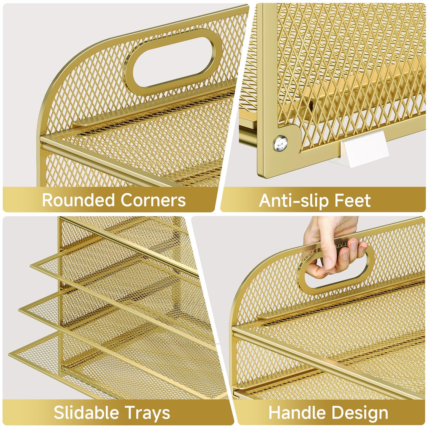Kinkota Paper Organizer Letter Tray with Handle Mesh 5 Trays Desk File Organizer Paper Sorter Desk Organizer for Office, Home or School-Gold