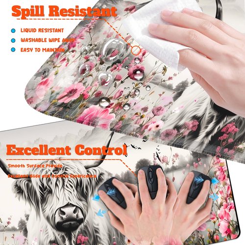 HaoSiTeck 4-Piece Extended Large Mouse Pad Set for Women Men with Highland Cow Design Includes 35.4 x 15.7 XXL Large Mouse Pad Keyboard Wrist Rest Mouse Wrist Support and Coaster for Office Home