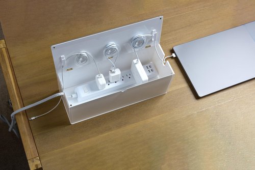 russell+hazel Desk Organizer Large Acrylic Cable Management Box, Transparent with White Backing, Hinged Lid, Integrated Notches & Hooks, 15.5" x 6" x 6" Cord Organizer for Home (102755)
