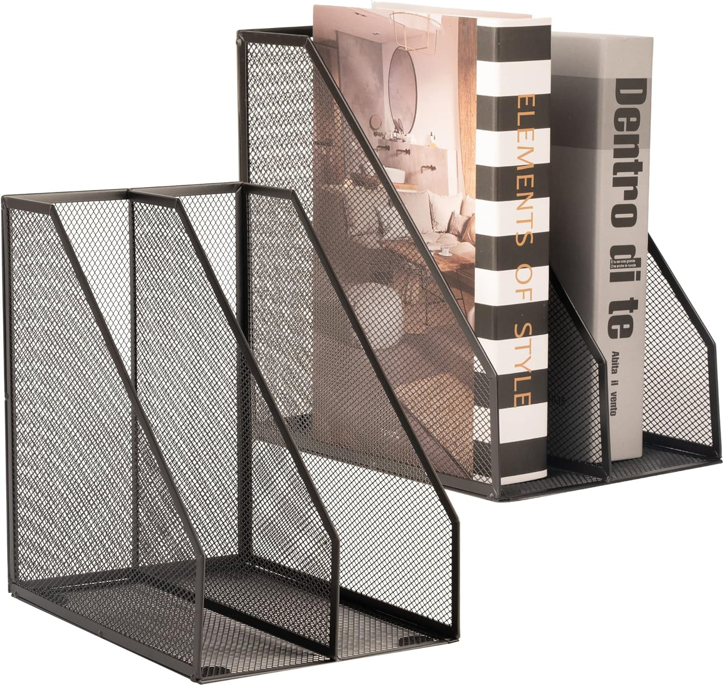 Skiennix Magazine Holder - Metal Wire Design with 2 Compartments | Stylish Black Desk Organizer
