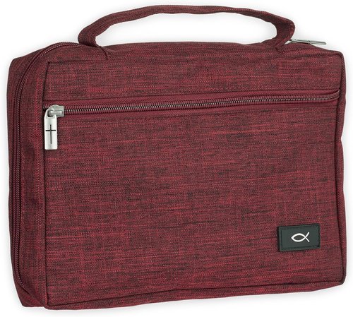 Christian Art Gifts Polyester Bible Cover - Jesus Fish Patch, Secure Zipper Pocket, Burgundy, Small