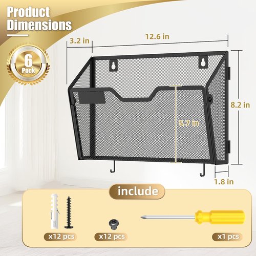 Docnest Wall File Holders - 6 Pack Mesh Document Organizers with Hooks for Office & Home - Black