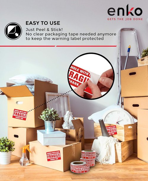 Enko Large Fragile Stickers - Handle With Care Warning Packing Labels | 3 x 5 Inch, 500 Labels