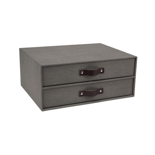 Bigso Birger 2-Drawer Canvas Fiberboard Easy Pull Handle Document Letter Box | Desktop Drawers for Loose Papers and Documents | Desktop Storage Drawers with Leather Handles | 13.1” x 10” x 5.7” | Grey