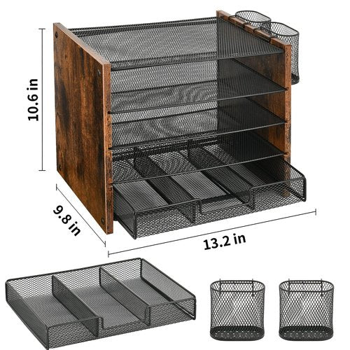 OPNCIE Desk Organizer and Accessories, 5-Tier Paper Letter Tray File Organizer with Drawer & 2 Pen Holder, Office Desk Accessories Workspace Desktop Organizer for Office Supplies(Brown)