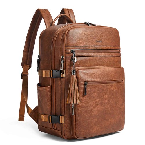 Shrrie Laptop Backpack for Women,Vegan Leather Backpack Work Computer Backpacks fits 16" Laptop,Water Resistant Teacher Nurse Casual Daypack for Weekender Camping Travel,Two-toned Brown