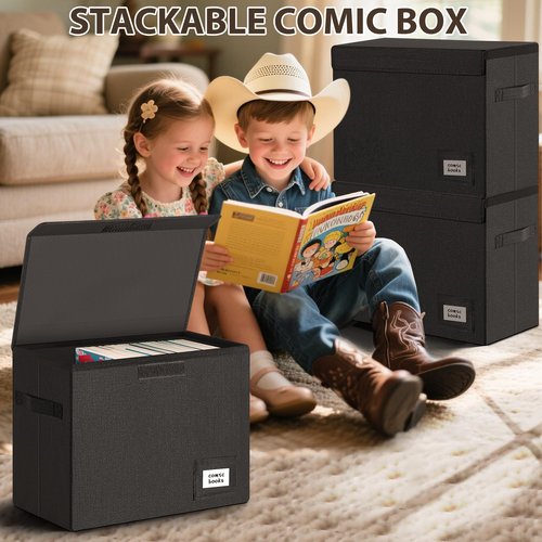 Leffis 5 Pack Comic Book Storage, Comic Book Box Collapsible and Stackable Comic Short Box, Moistureproof Comic Box with Lid and Label Slot 15.5" X 7.5" X 11.3" Holds 150 Comics
