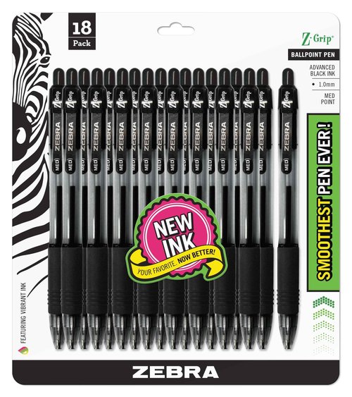 Zebra Pen Z-Grip Retractable Ballpoint Pen, Medium Point, 1.0mm, Black, (Case of 6 packs, 108 Count Total)