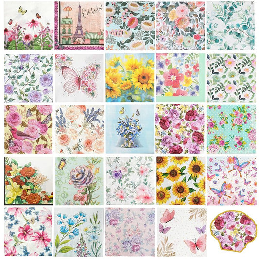 24 Pack Floral Napkins for Decoupage 24 Styles, Gorgeous Butterflies Wildflower Assorted Flower Cocktail Napkins for DIY Art Crafting Party Beautiful Decoupage Napkins Paper Decorative 6.5 inches