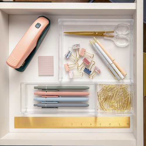 Martha Stewart Brody Desktop Storage Organizer, Stack and Slide Plastic Organizer Tray, Organizer for Office, Kitchen, or Vanity, 1-S, 1-M, 1-L (Pack of 2)