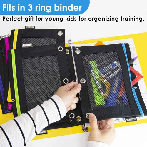 BAZIC Products Pencil Pouch 3 Ring Binder Pouch w/Rivet Enforced Rings Holes, Neon Black Color Mesh Window Zipper Pouches, 24-Pack