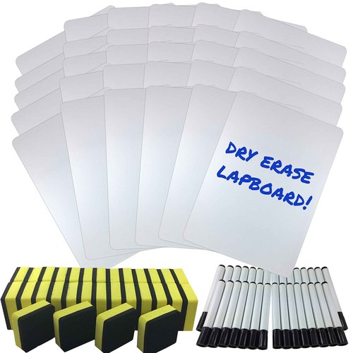 Dry Erase Lapboard Classroom Kit, Set of 30 Whiteboards, Black Dry Erase Markers and 2'' x 2'' Erasers