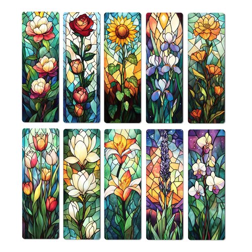 TwoDays 10Pcs Stained Glass Art Flower Bookmark for Reading Women, Cute Floral Bookish Gifts for Book Lovers Booktok, Fancy Book Accessories (6'' X 2'')