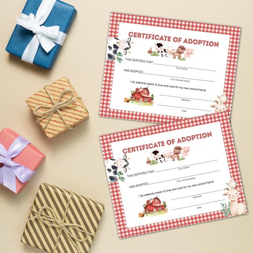 Farm Animals Adoption Certificate, Adopt an Animal Party Favors, 10 Pcs Pet Adoption Card Gifts for Girls Boys, Farm Barnyard Birthday Party Supplies Decorations, 48