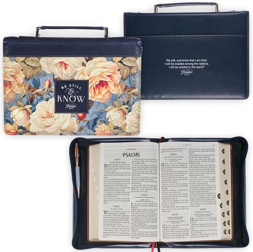 Christian Art Gifts Vegan Leather Bible Cover - Inspirational "Be Still & Know" Design, Large, Creamy White & Blue Floral
