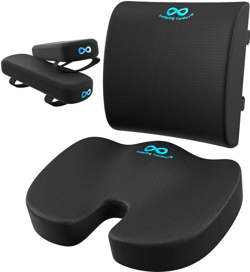 Everlasting Comfort Arm Rest Pads & Gel-Infused Seat Cushion & Lumbar Support Pillow Combo (Patented) - Reduce Tailbone Pressure & Improve Back Comfort - Armrest Covers (Black)