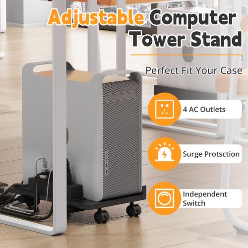 Adjustable PC Tower Stand With Power Strip, Wooden CPU Stand With Locking Casters, Rolling Computer Tower for Desktop, Adjustable Width, Durable Iron Frame for Home and Office