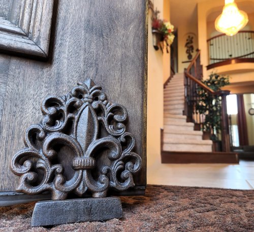 LuLu Decor, Cast Iron Fleur De Lis Door Stop, Door Stopper in Antique Black Finish, Beautiful and Useful Product, Simply Insert Flat Base Underneath Your Door Space, Works Great (LB15BK3)