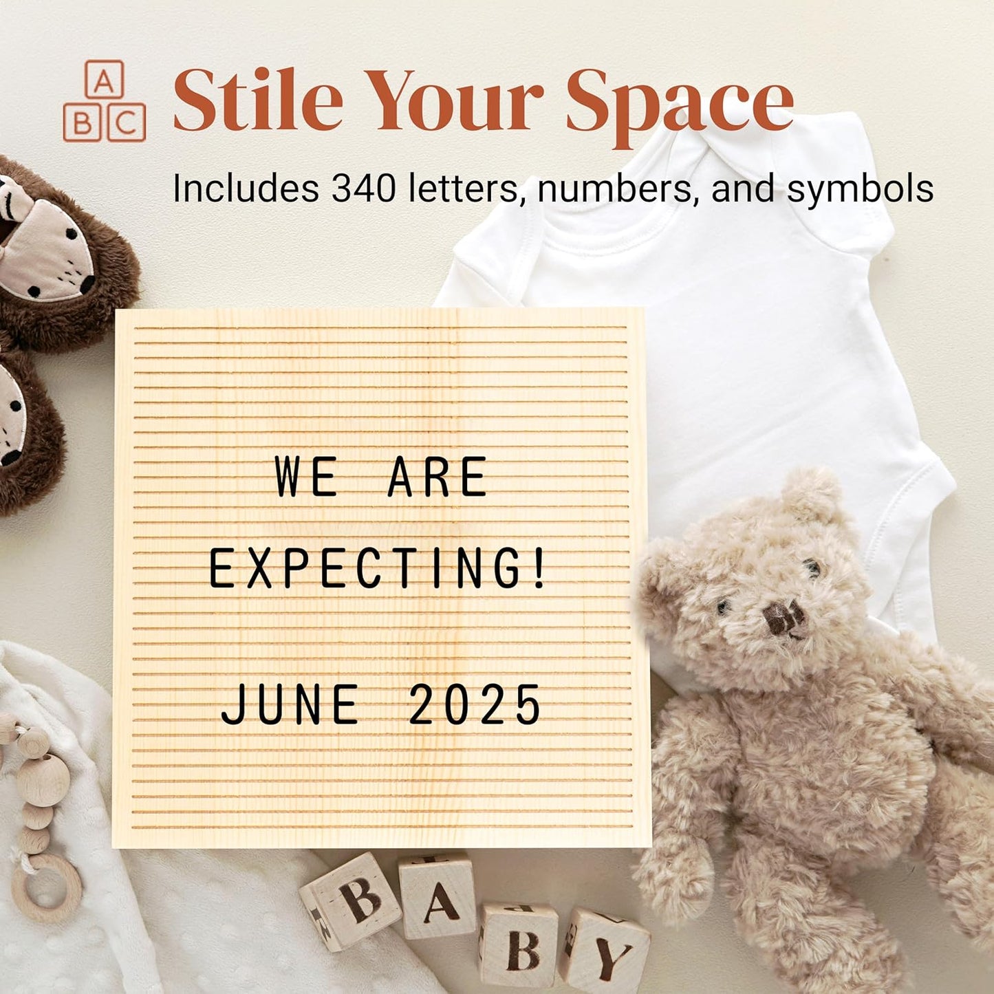 Stiles Changeable Wood Letter Board Sign Set - 10"x10" with 340 Plastic Letters & Symbols | Natural Finish