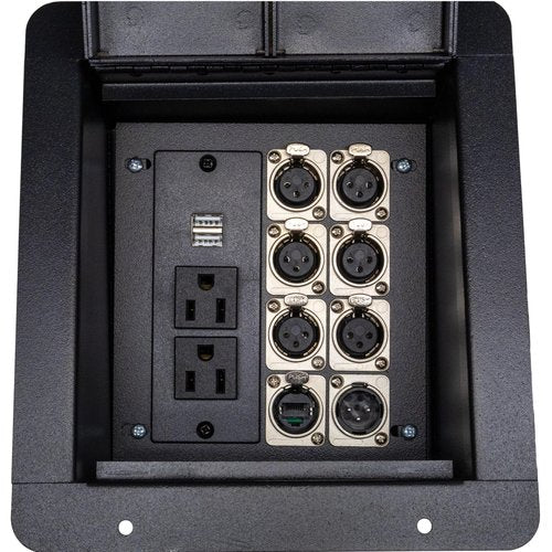 Pro Audio Recessed Stage Floor Box with Passthrough Connectors (with 110v, 6 Female 3 Pin XLR, 1 Male XLR, Ethernet RJ45)