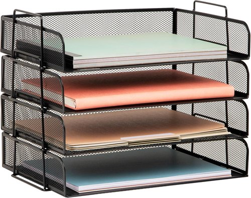 Mind Reader Stackable Paper Tray - Metal Mesh Desktop Organizer for Office | 4-Piece Set in Black