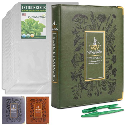 Create-ables Willow and Wildflower Garden Seed Organizer Binder, Seed Storage Organizer, Garden Binder Book for Packet Storage Catalog Can Store 120 Packets with Dibber and Widger (Moss Green)
