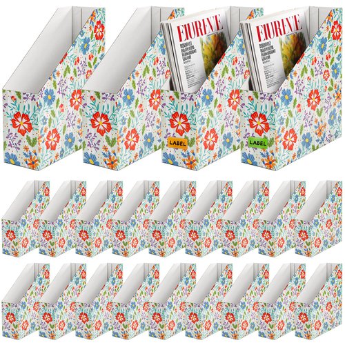 WRINGKIT 20 Pack Cardboard Magazine File Holder, Foldable Magazine Organizer Box, Large Vertical Magazines Storage Bin with Blank Label Sticker for School Office Shelves, File Folders for Documents