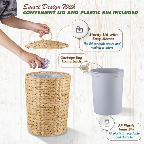 BLUEWEST Wicker Trash Can with Lid and Removable Liner, Wicker Rattan Bathroom Trash Can, Large Woven Bin for Office, Hyacinth Waste Basket for Home Kitchen (Natural, 3 Gallons)