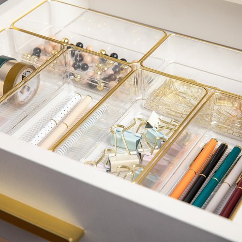 Martha Stewart Kerry Plastic Stackable Office Desk Drawer Organizers, 6" x 3", 6 Pack, with Gold Trim