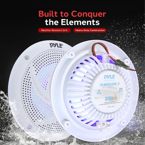 Pyle Low-Profile Waterproof Marine Speakers - 240W 6.5 Inch 2 Way 1 Pair Slim Style Waterproof Weather Resistant Outdoor Audio Stereo Sound System w/ Blue Illuminating LED Lights - Pyle (White)