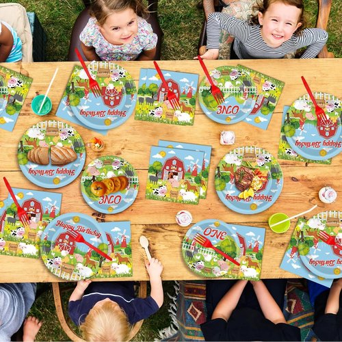 Gisgfim Farm Animals Birthday Party Supplies - 96Pcs Barnyard Tableware Set for 24 Guests