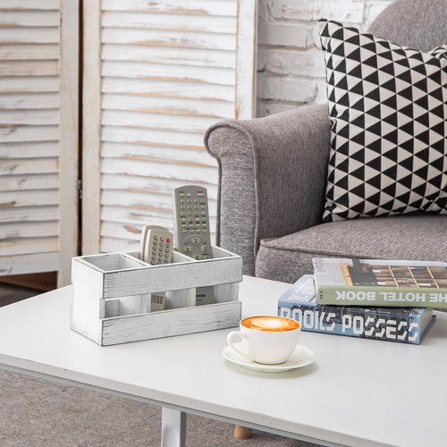 MyGift 3-Compartment Vintage White Solid Wood Desktop Office Supplies Caddy Pen Pencil Cup Holder Desk Organizer, Makeup Brush Art and Paint Brush Holder