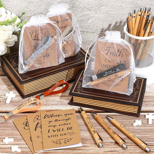 Spakon 192 Pcs/48 Set Christian Gifts Bulk for Women Men Pastor Appreciation Gifts Bible Verse Pens Religious Notebook Christian Keychain for Sunday School Teacher Church(Simple Style,5.4 Inch)