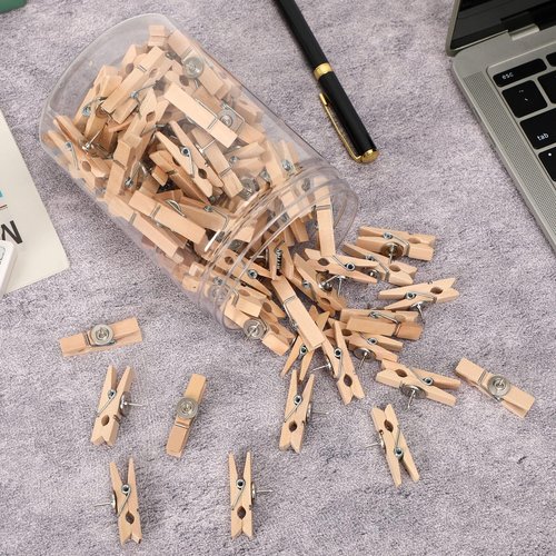 SANNIX 100Pcs Wooden Push Pin Clips with Thumb Tacks for Bulletin Board, Cork Board Decorations, School Office Crafts, Photo Calendar Crafts, Arts Projects, Photo Supplies