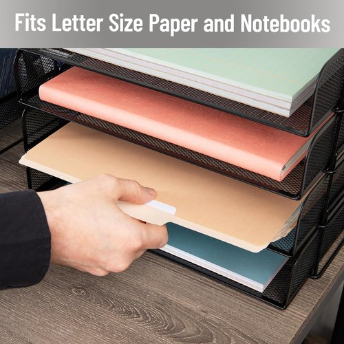 Mind Reader Stackable Paper Tray - Metal Mesh Desktop Organizer for Office | 4-Piece Set in Black