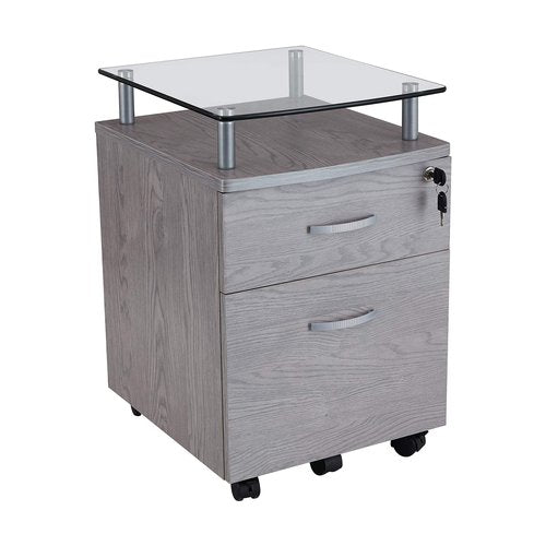 2-Drawer Rolling File Cabinet with Lock and Glass Top, Under Desk File Cabinet with Wheels, Printer Stand, Grey