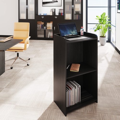 Podium Stand Portable,Church Pulpit Podium with Wheels,Lectern for Classrooms,Podium Stand Hostess Stand Reception Desk with Storage Shelves,Black