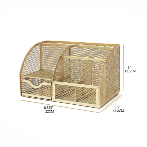 Annova Mesh Desk Organizer Office with 7 Compartments + Drawer/Desk Tidy Candy/Pen Holder/Multifunctional Organizer (Gold)