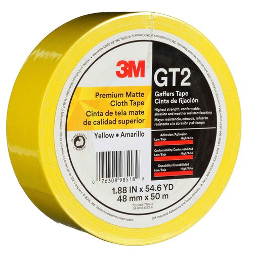 3M Premium Matte Cloth (Gaffers) Tape GT2, Yellow, 48 mm x 50 m, 11 mil
