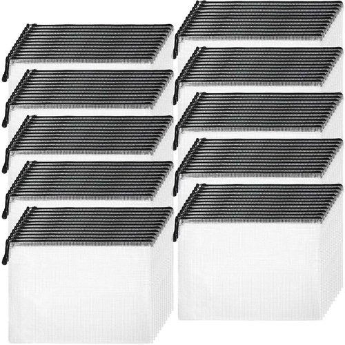 200 Pcs A4 Mesh Zipper Pouch Bulk Waterproof Mesh Zipper Organizer Plastic File Folder Case for School Office Supplies Document Board Games Puzzle(Black)