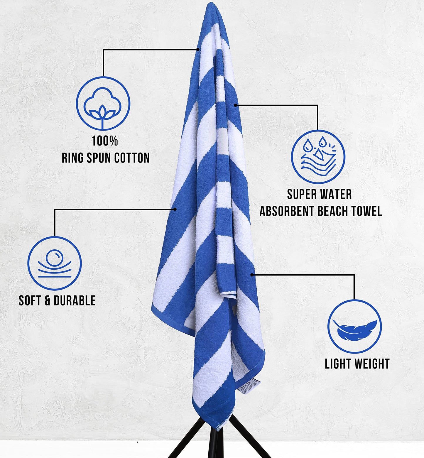 Utopia Towels Pack of 4 Cabana Beach Towels, Oversized 30 x 60 Inches Cotton Beach Towel Set, Smooth Ring Spun Texture for Pool and Swim Days, Modern Striped Design Bath Towels, Blue