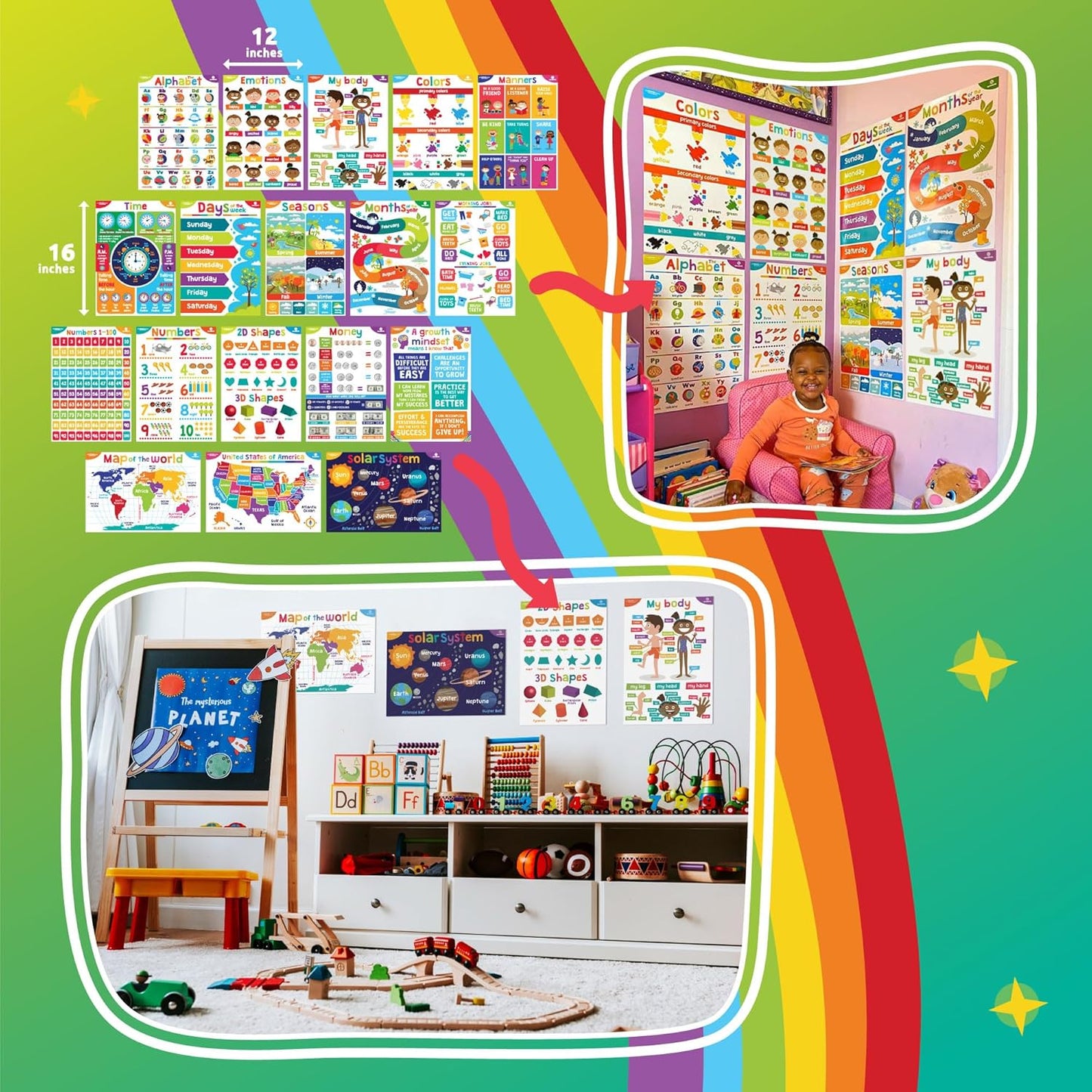 Sproutbrite 18 Educational Poster Bundle for Toddlers - Colorful 12"x16" Charts for Preschool & Homeschool Learning